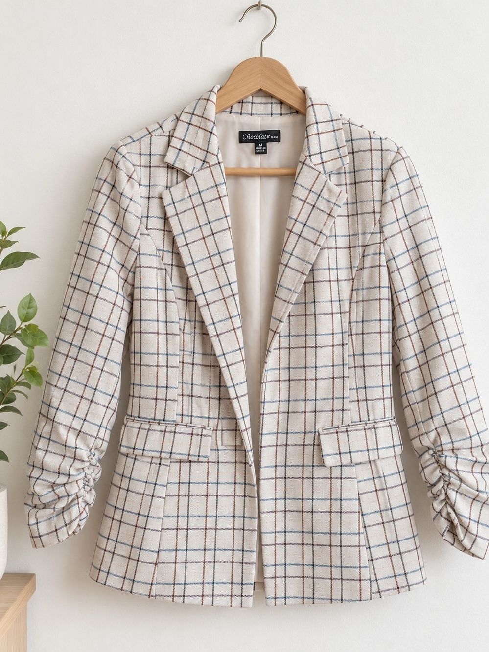 Chocolate Cream Windowpane Blazer with Navy & Brown Checks